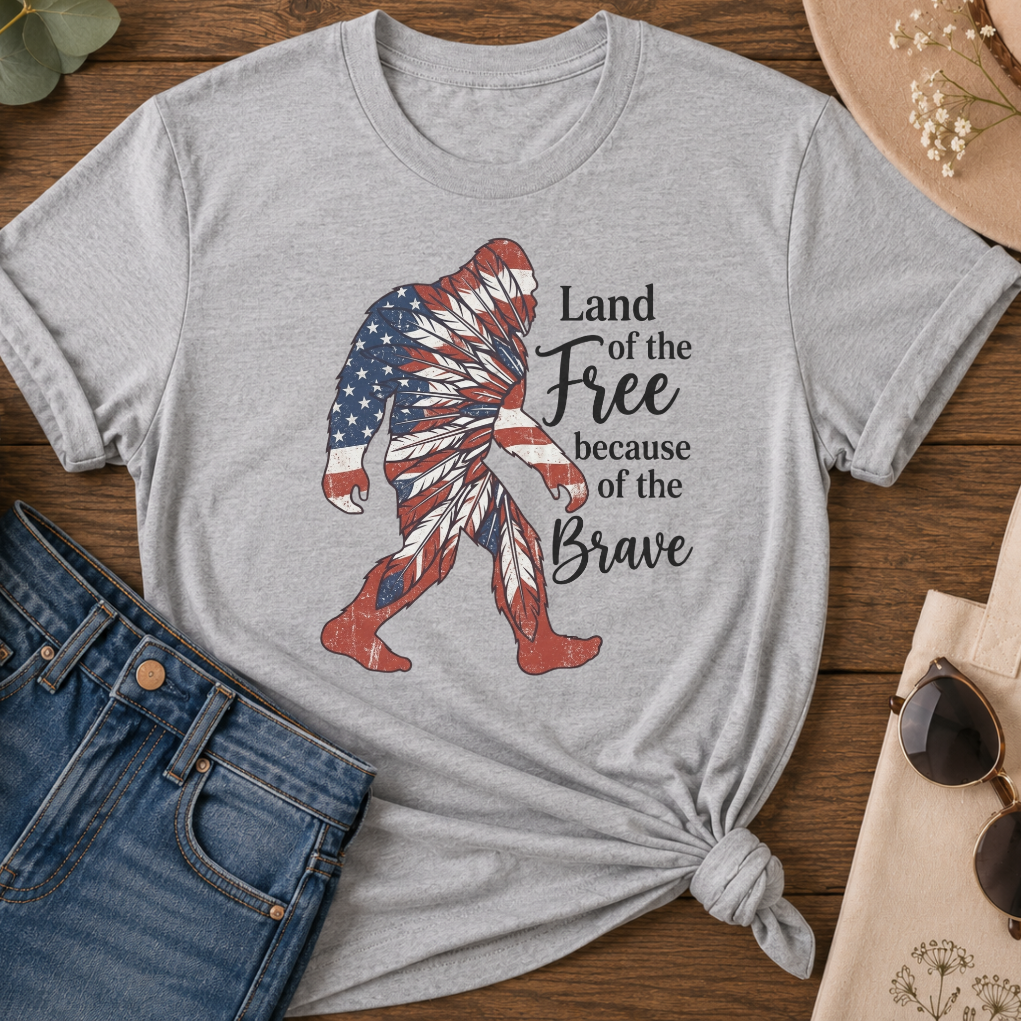 Land of The Free Bigfoot Patriotic T-Shirt