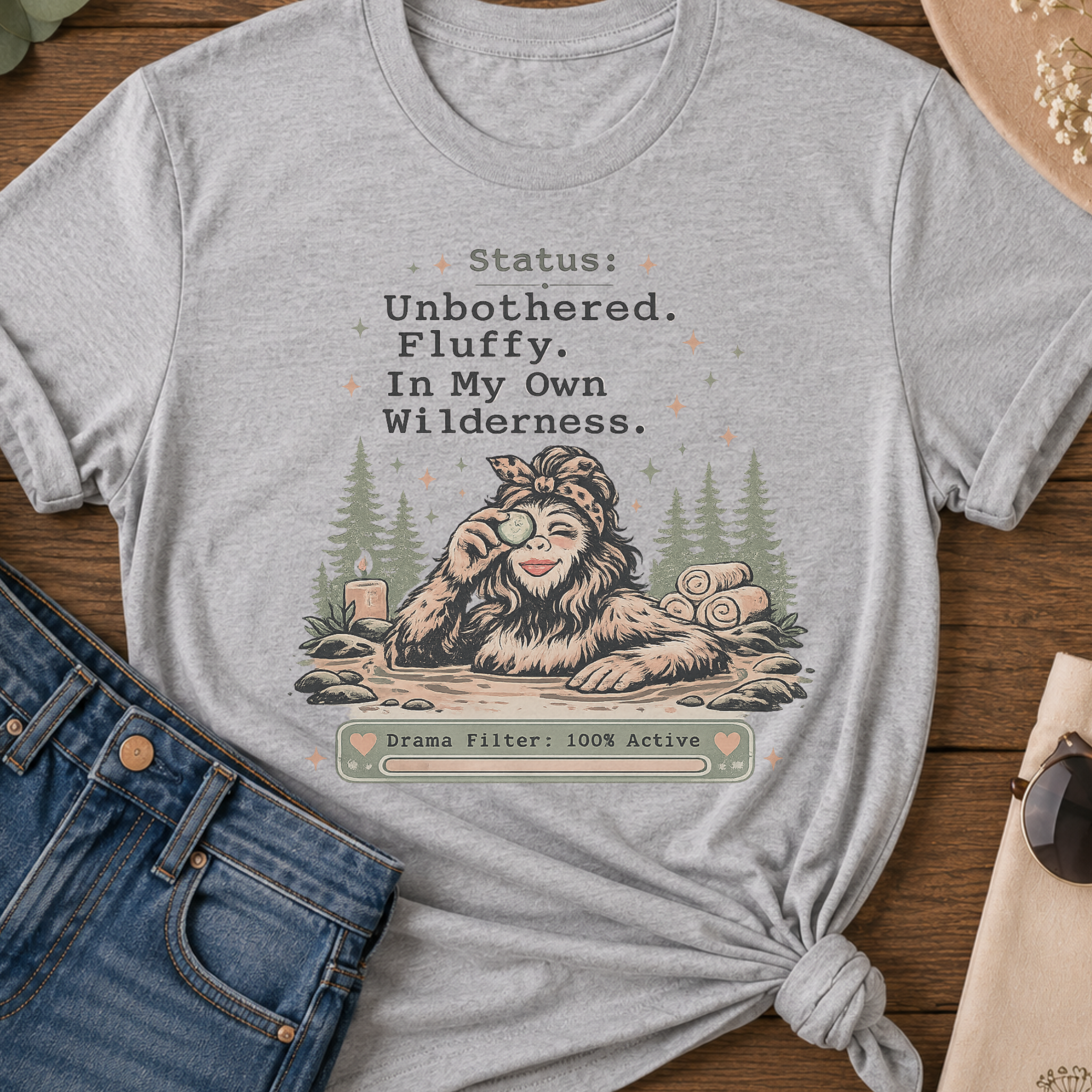 Status: Unbothered. Fluffy. In My Own Wilderness." Casual Bigfoot T-Shirt