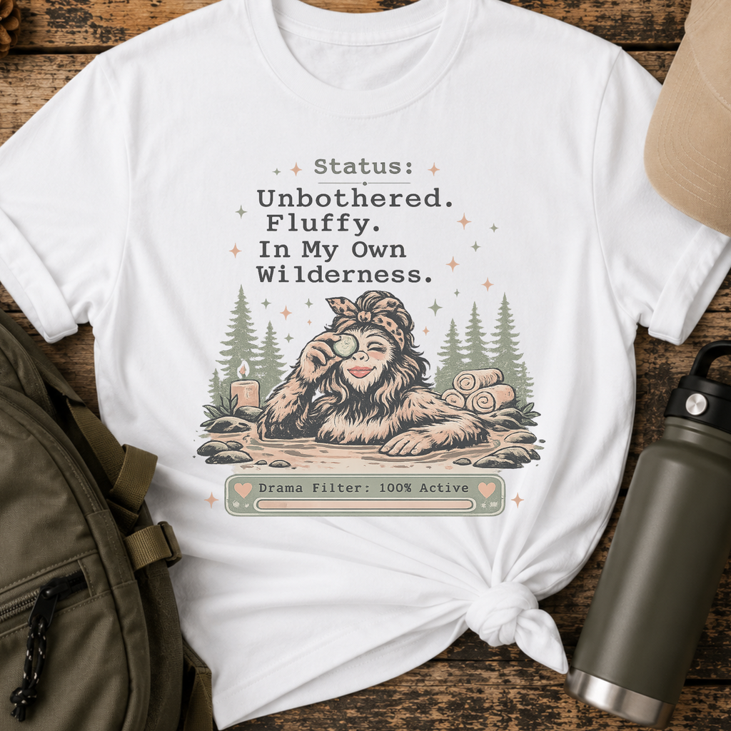 Status: Unbothered. Fluffy. In My Own Wilderness." Casual Bigfoot T-Shirt